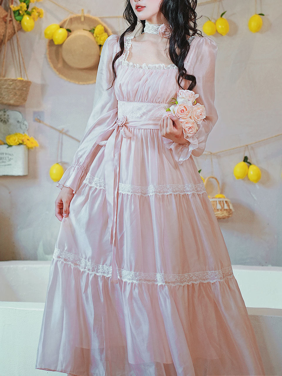 Pink Square Neck Lace Ruffle Vintage Fairy Dress