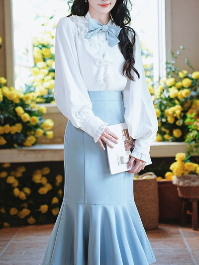 2PS White Lace Bow Long Sleeve Shirt And Blue Fishtail Skirt Outfits