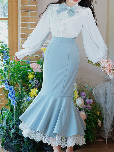 2PS White Lace Bow Long Sleeve Shirt And Blue Fishtail Skirt Outfits