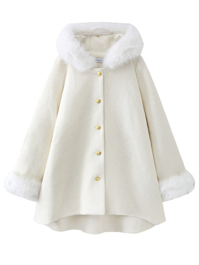 White Hooded Women's Winter Short Vintage Coat Long Sleeve