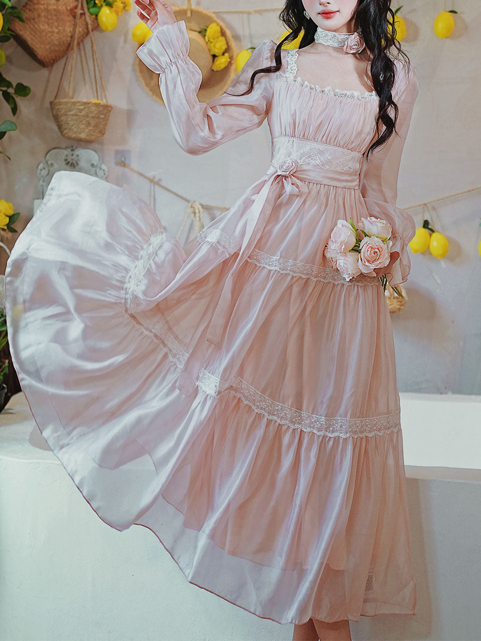 Pink Square Neck Lace Ruffle Vintage Fairy Dress