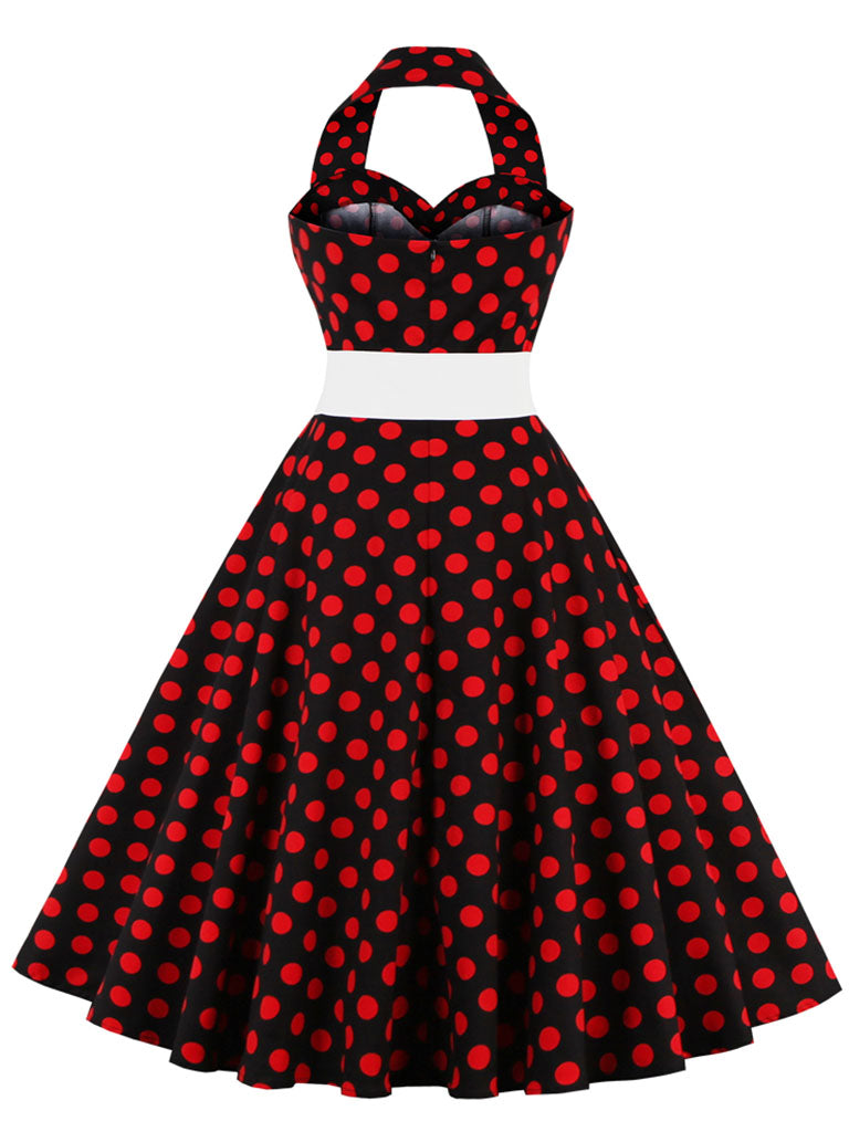 Black Ladybug Off the Shoulder High Waist Halter 1950 Dress