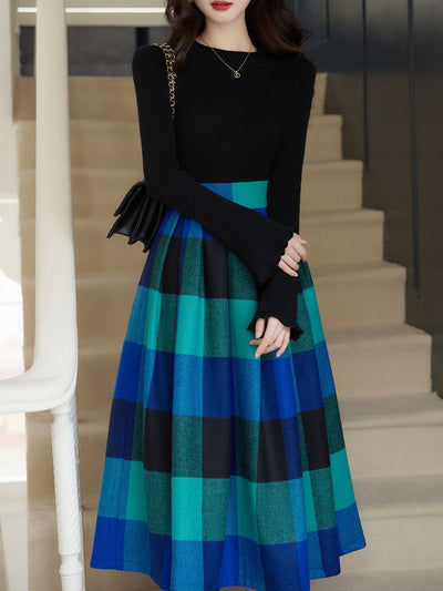 2 Piece Black Crew Neck Bell Sleeves Sweater and Blue Plaid Swing Skirt Set