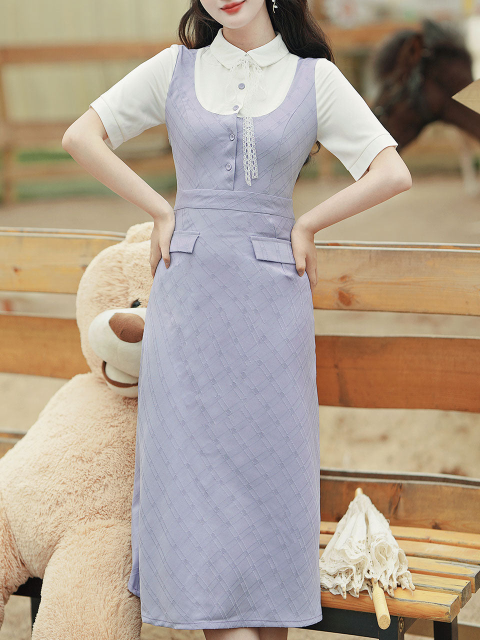 Purple Peter Pan Collar Puff Sleeve Preppy Dress