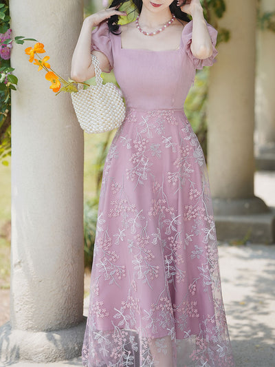 Pink Embroidered Square Neck Puff Sleeve Vintage Lace Up Dress