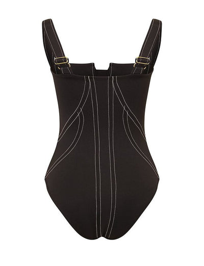 Black Retro Style Imitation Denim One Piece With Bathing Pant Suit