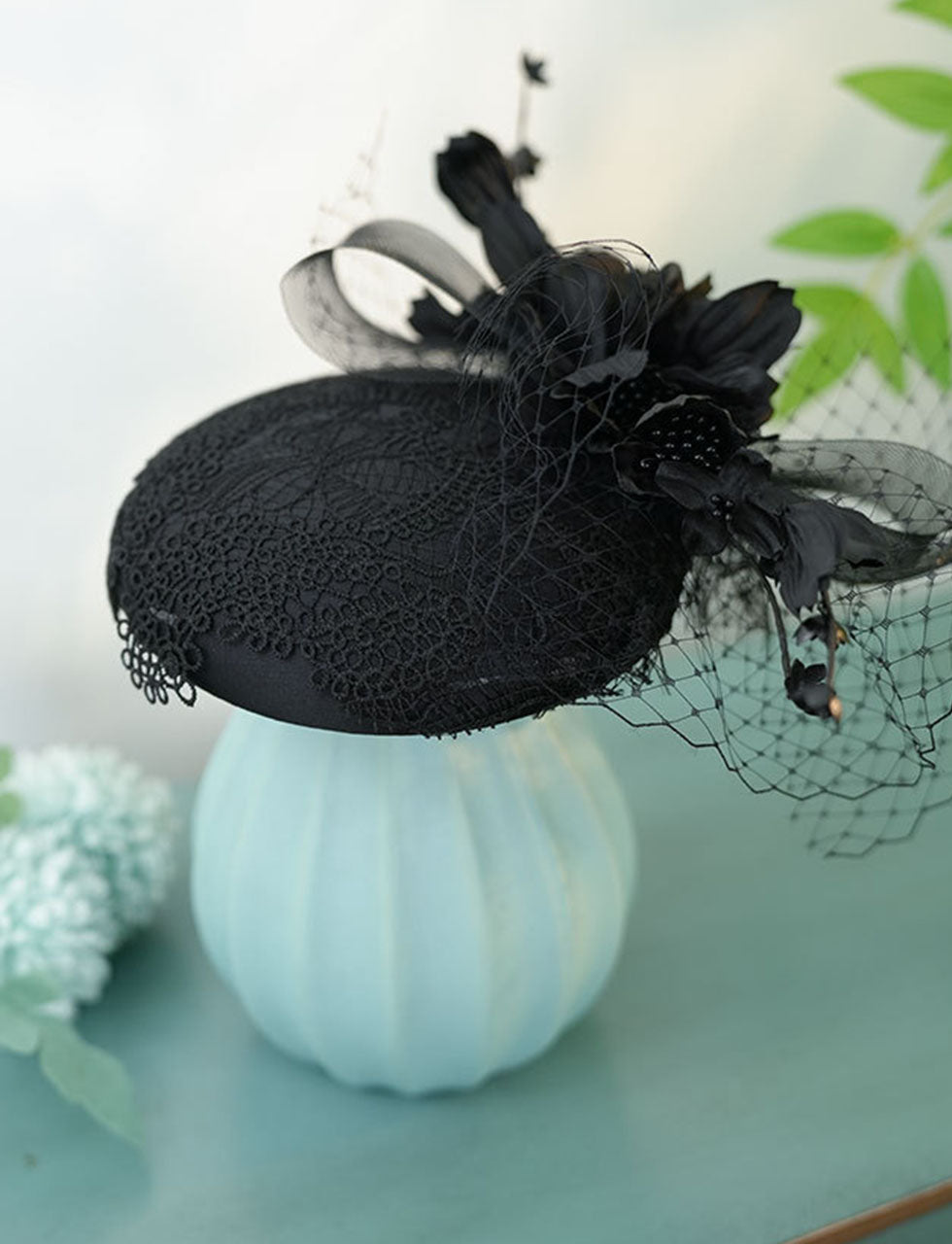 Black Retro Handmade Flowers Lace Birdcage Veil Wedding Hat