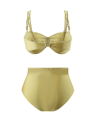 Yellow Strap Two Pieces With Bathing Suit Ruffles Wrap Skirt