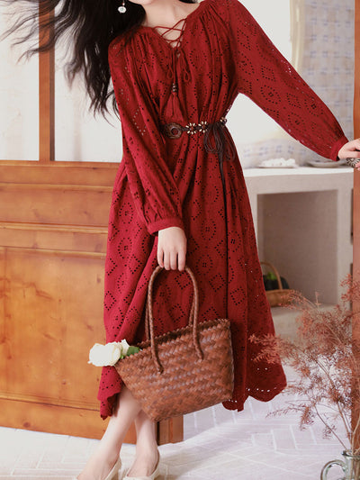 Red Embroidered Hollow Long Sleeve Tassel Holiday Bohemian Dress