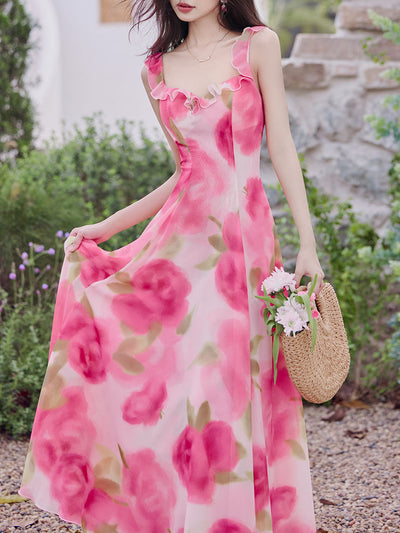 Sweet Rose Ruffles Strap Vintage Swing Maxi Dress