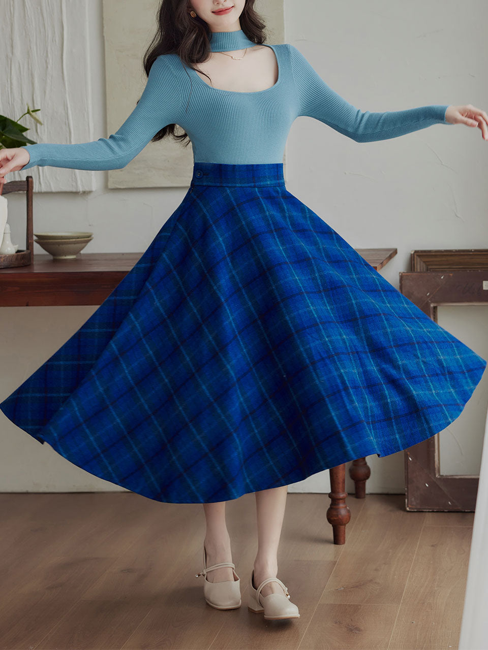 2 Piece Lake Blue Hollow Out Mock Neck Sweater and Blue Plaid Swing Skirt Set