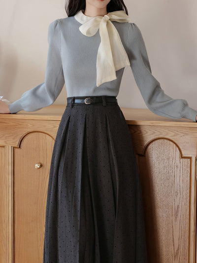 2PS Blue Bow Sweater And White Swing Skirt Vintage outfit