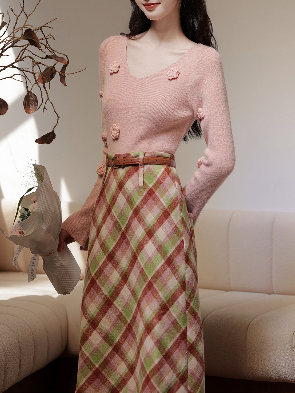 2PS Pink V Neck Sweater And White Straight Skirt Vintage outfit