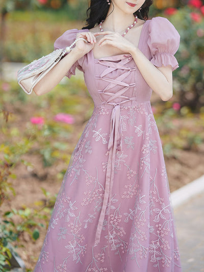 Pink Embroidered Square Neck Puff Sleeve Vintage Lace Up Dress