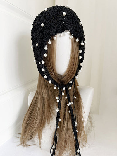 Retro Black Crocheted Hollow Knitted Pearl Tassel Pullover Hat