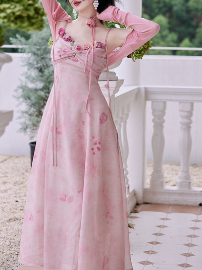 2PS Pink Rose Handmade Flower Suspender Print Vintage Dress and Cardigan Suit