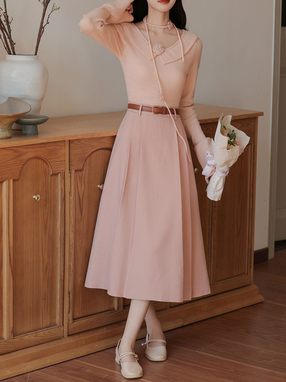 2PS Pink Rose V Neck Sweater And Swing Skirt Vintage outfit