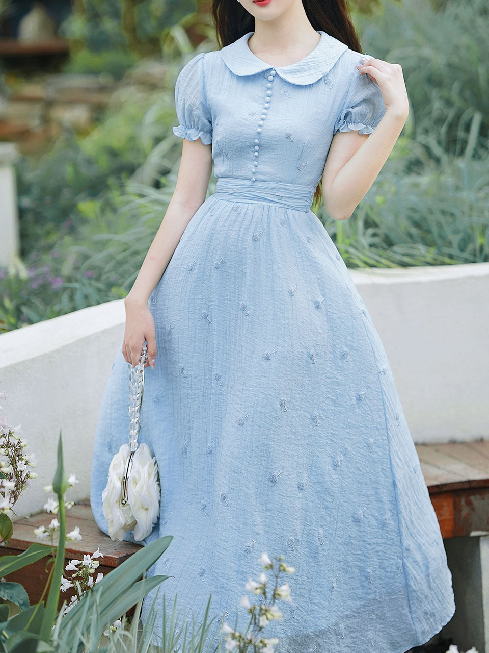 Baby Blue Dandelion Embroidery Peter Pan Collar Vintage Dress