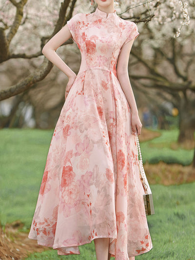 Pink Stand Collar Rose Flower Print Cat's Eye Button Cap Sleeve Cheongsam Dress