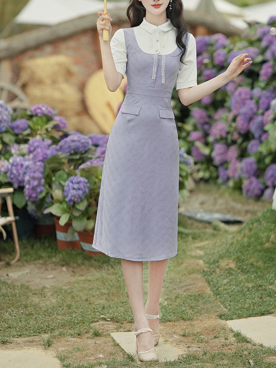 Purple Peter Pan Collar Puff Sleeve Preppy Dress