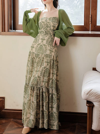 Green Bohemian Floral Print Chiffon Maxi Dress Prom Dress With Cardigan