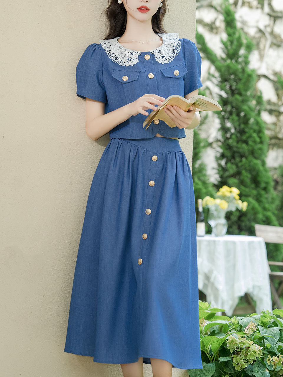 2PS Blue Lace Peter Pan Collar Short Sleeve Shirt With Skirt Suits