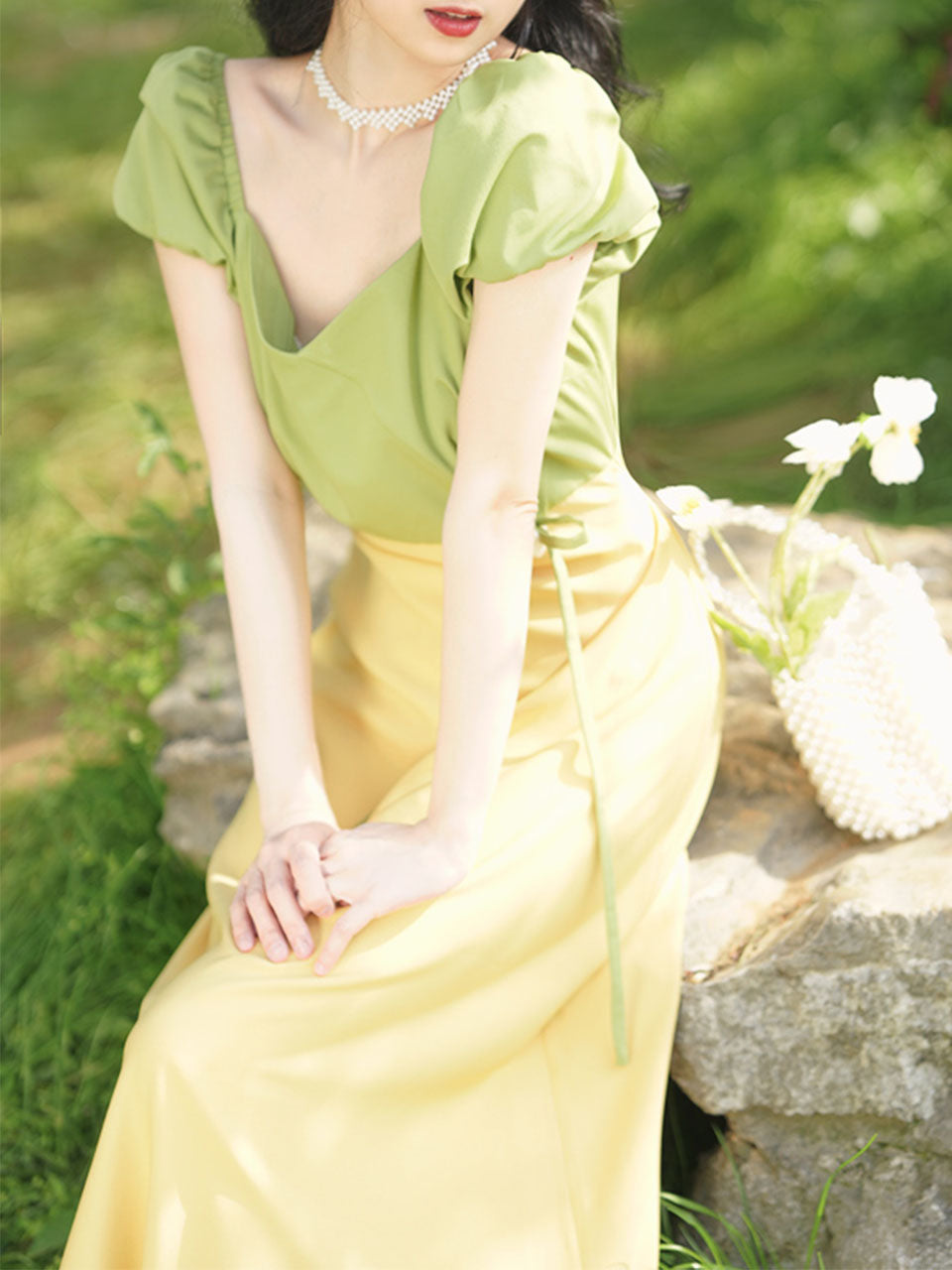 Yellow V Neck Puff Sleeve 1950S Vintage Dress