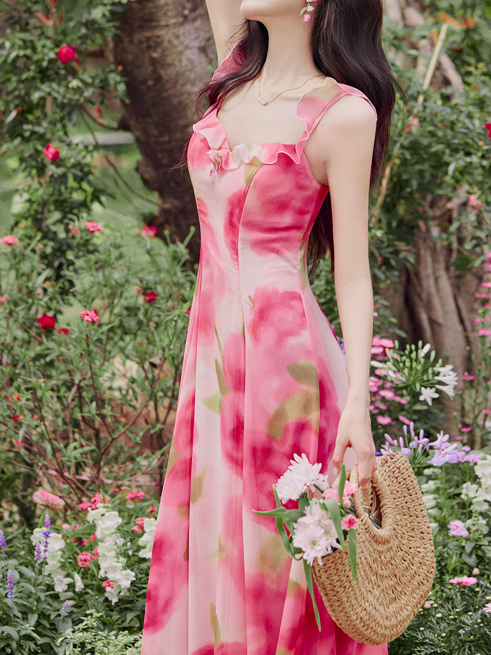 Sweet Rose Ruffles Strap Vintage Swing Maxi Dress