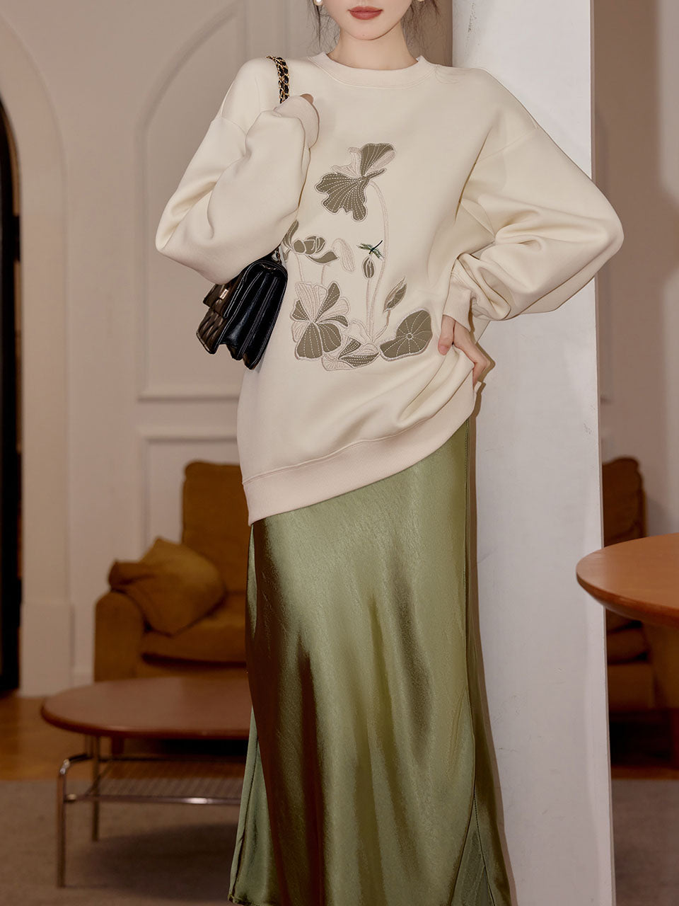 2 Piece White Crew Neck Embroidered Sweatshirt and Green Satin Fishtail Skirt Set