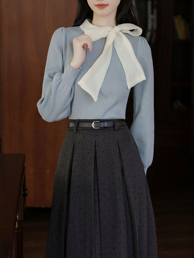 2PS Blue Bow Sweater And White Swing Skirt Vintage outfit