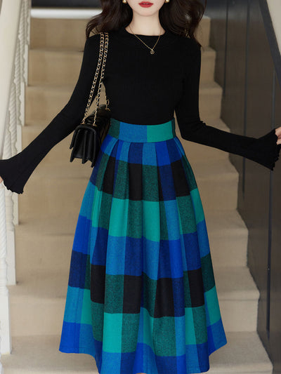 2 Piece Black Crew Neck Bell Sleeves Sweater and Blue Plaid Swing Skirt Set