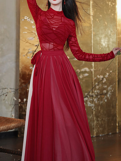 Red Romantic Ruffle Long Sleeve Vintage Maxi Swing Dress Prom Dress