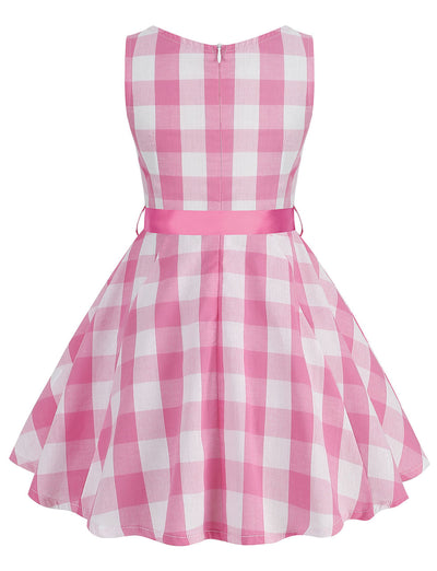 Kids Little Girls' Dress Pink And White Plaid  Barbie Retro Swing Dress