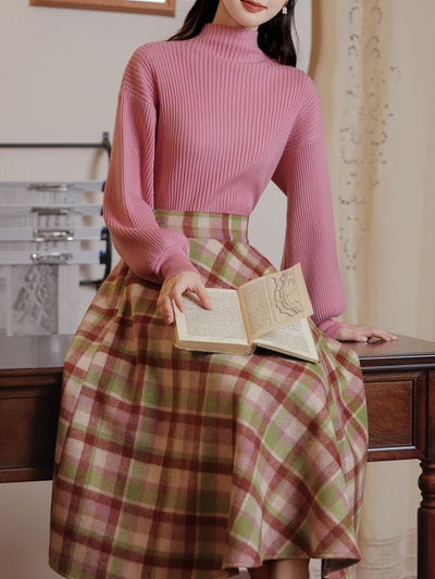 2PS Fuchsia Warm Sweater And Plaid Swing Skirt