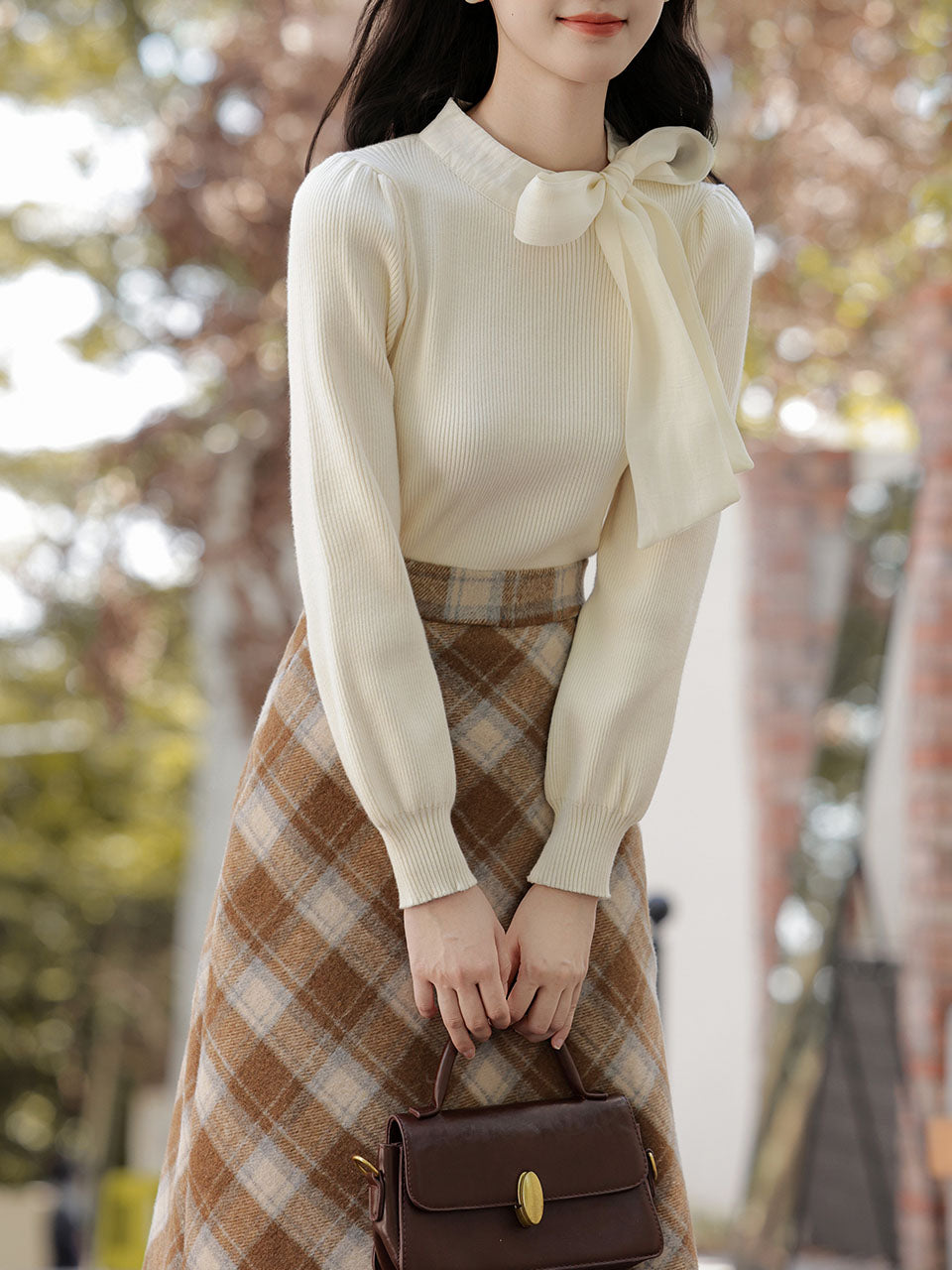 2PS White Bow Warm Sweater And Brown Plaid A-line Skirt