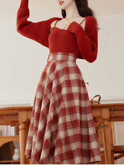 3 Piece Cardigan and Cami Set With Scottish Plaid Swing Skirt 1950S Vintage Audrey Hepburn's Style Outfits