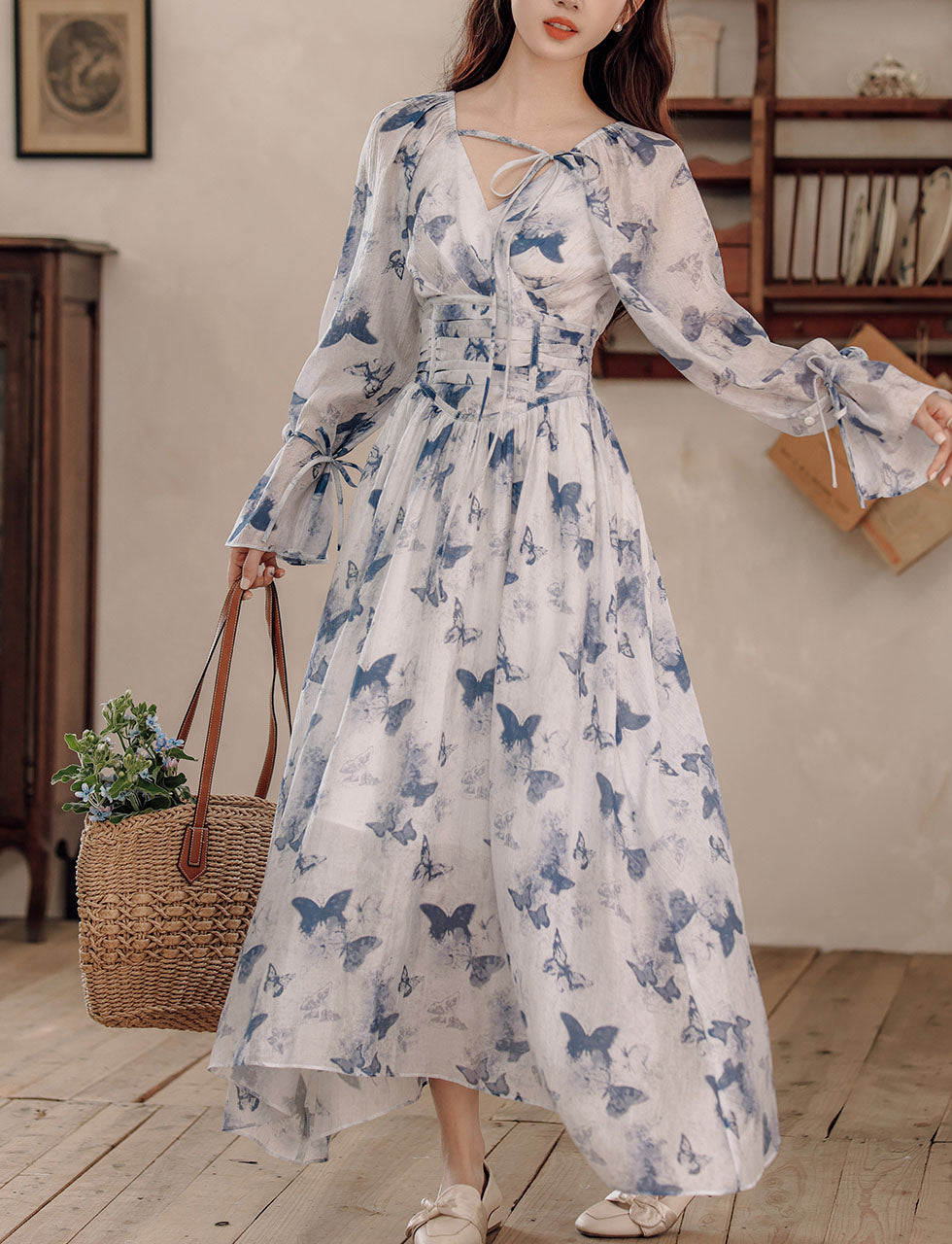 Blue Butterfly Print Long Sleeve Vintage Maxi Dress