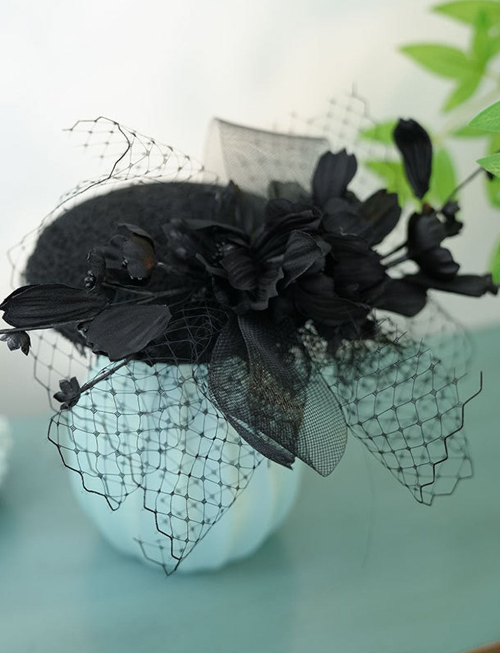 Black Retro Handmade Flowers Lace Birdcage Veil Wedding Hat