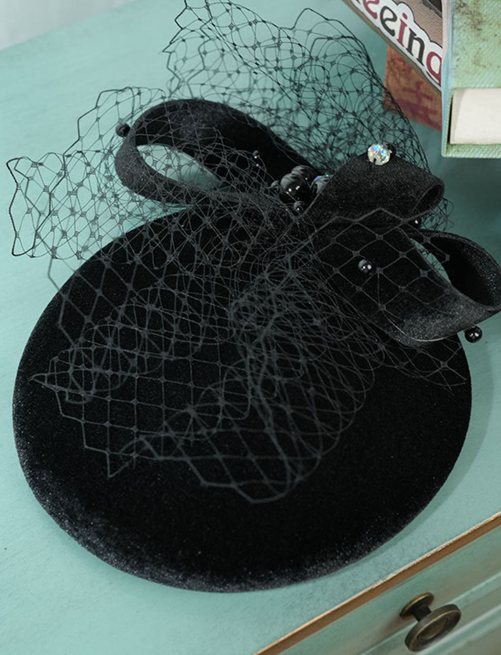 Black Handmade Bow Birdcage Veil Vintage Wool Beret