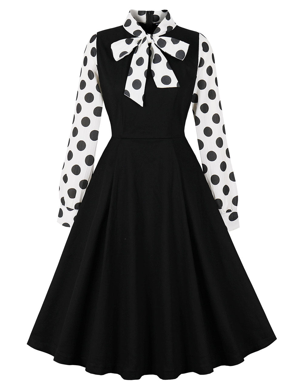 Black And White Polka Dots Bow Collar 1950s Vintage Swing Dress