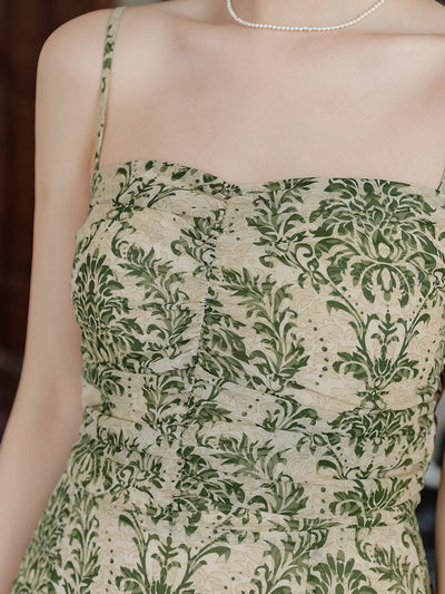 Green Bohemian Floral Print Chiffon Maxi Dress Prom Dress With Cardigan