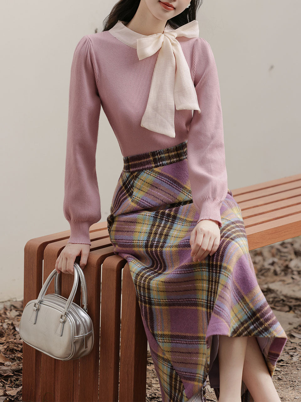 2PS Purple Bow Warm Sweater And Plaid A-line Skirt