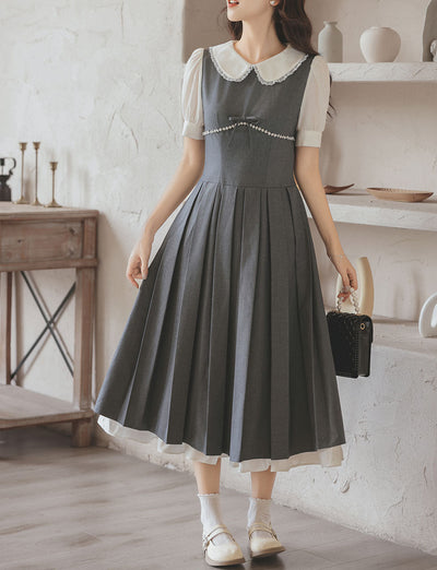 Grey Peter Pan Collar Preppy Style Pleated Dress