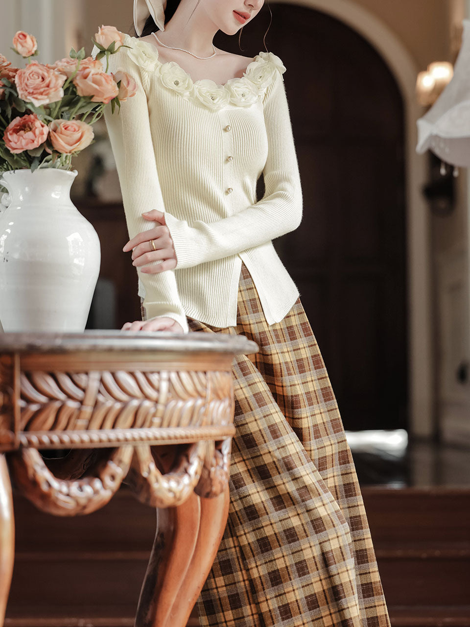 2PS White Rose Sweater And Yellow Plaid Straight Skirt Vintage outfit