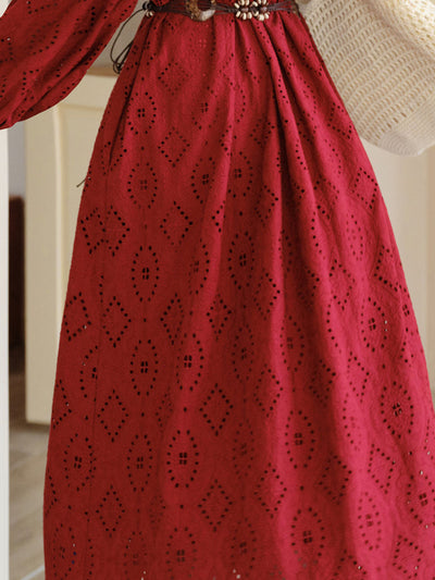 Red Embroidered Hollow Long Sleeve Tassel Holiday Bohemian Dress