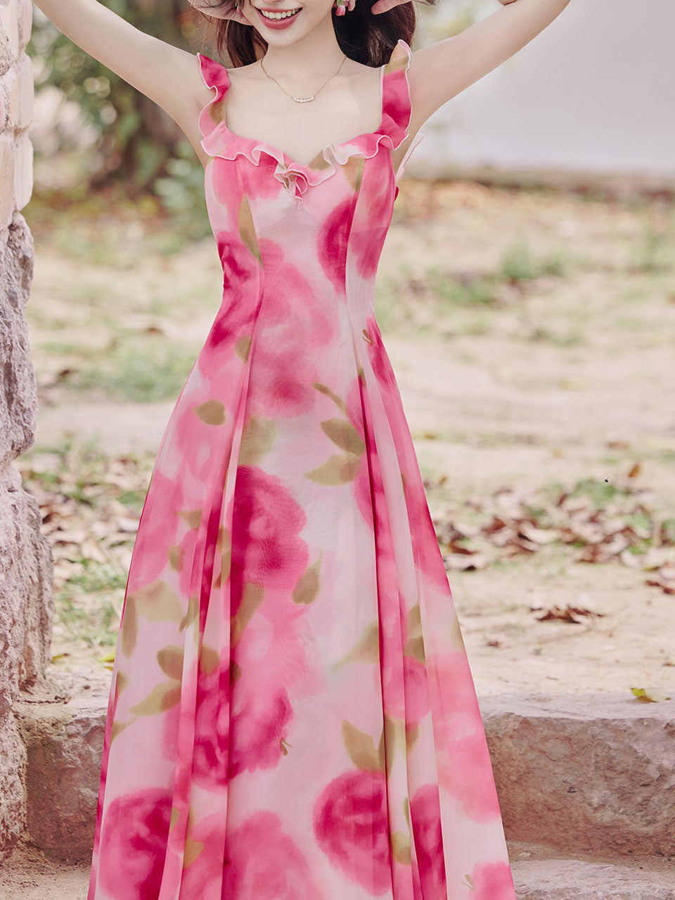 Sweet Rose Ruffles Strap Vintage Swing Maxi Dress