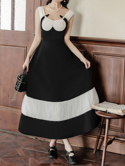 Black and White Pleated Vintage Elegant Swing Dress