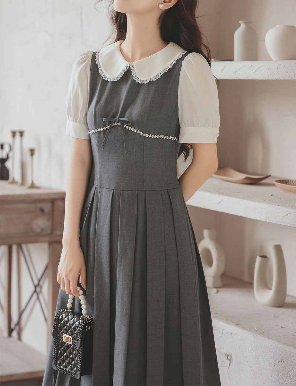 Grey Peter Pan Collar Preppy Style Pleated Dress