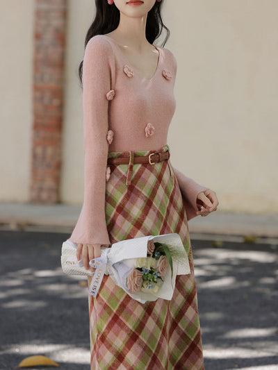 2PS Pink V Neck Sweater And White Straight Skirt Vintage outfit