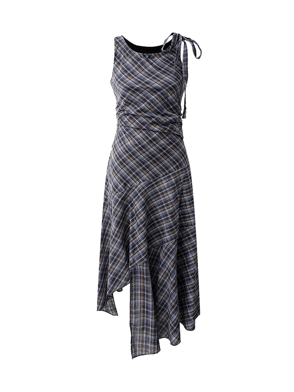 Navy Retro Plaid Crew Neck Sleeveless Irregular Hem Vintage Dress